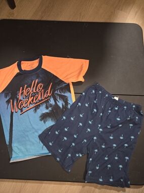 wonder nation Orange & Blue 'Hello Weekend' Pajama Set